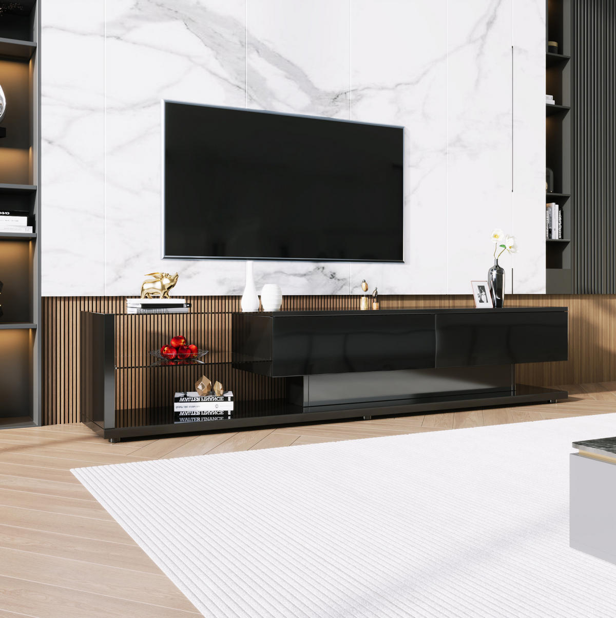 TV-SCHRANK in Schwarz Hochglanz mit 2 Schubladen und LED 170/38/36 cm - Schwarz, Holzwerkstoff (170/38/36cm) - Redom