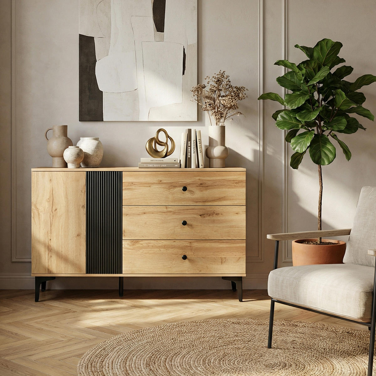 SIDEBOARD 120 cm Naturholz & Schwarz mit Tür, 3 Schubladen & Metallbeinen im skandinavischen Stil - Naturfarben, Holzwerkstoff (120/76/35cm) - Urban Meuble