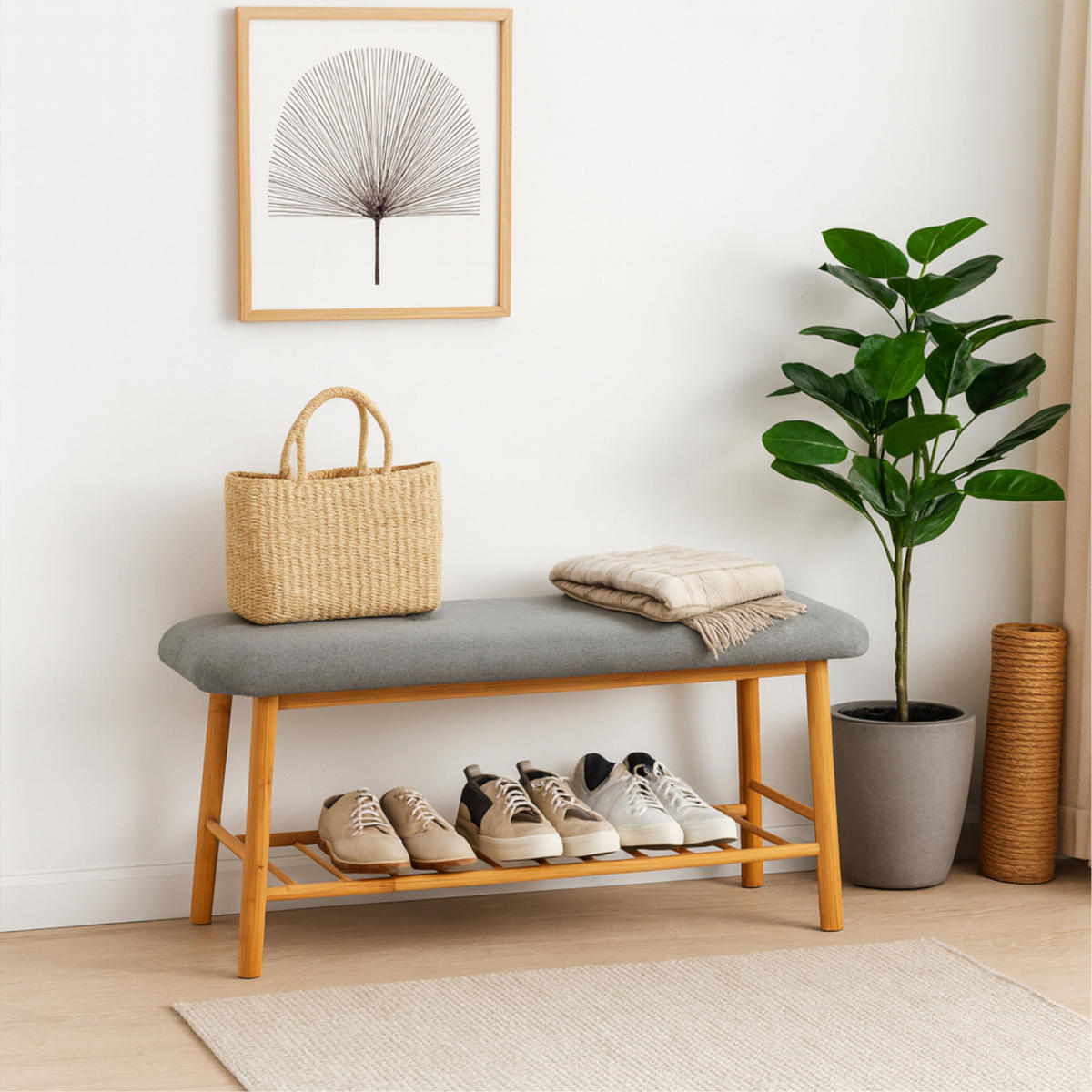 SCHUHBANK Bambus Grau Naturfarbe mit Stoffpolster & Ablage 90/30/43 cm - Grau, Holz/Textil (90/43/30cm) - Begryf