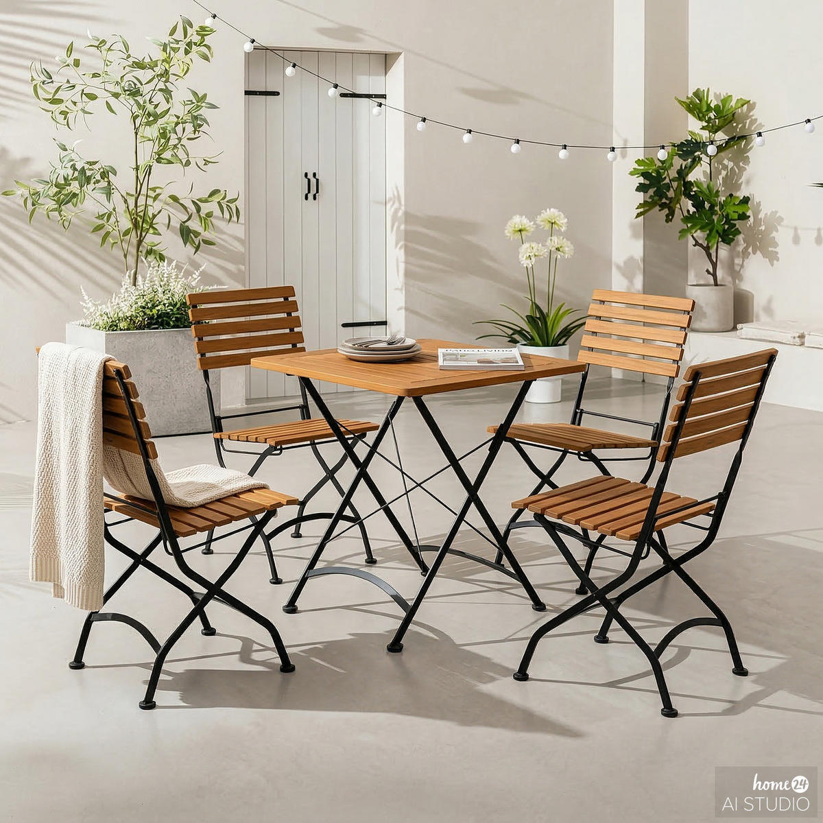 GARTENESSGRUPPE - Akazie massiv / Stahl - Akazie / Schwarz - 5-teilig - Schwarz/Akaziefarben, Holz/Metall - home24