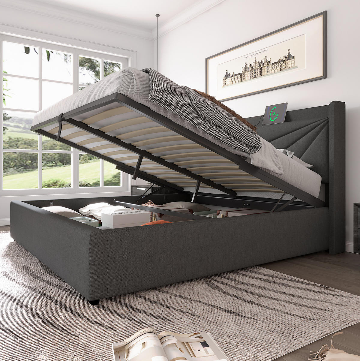 POLSTERBETT mit Bettkasten USB/Typ-C 160x200 cm Grau - Grau, Metall (160/200cm) - Meubliv