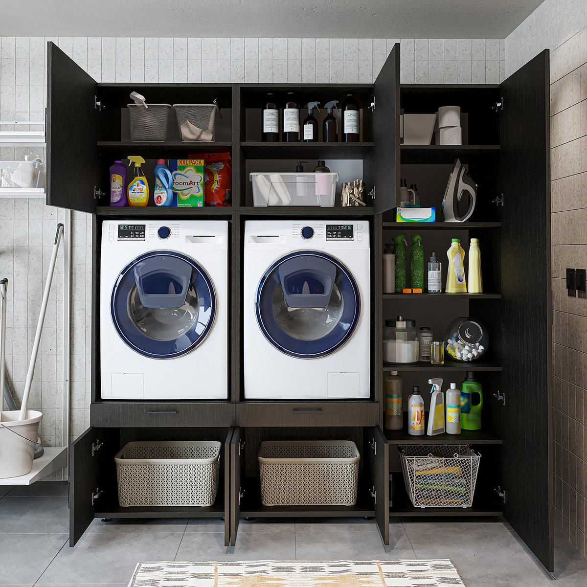 WASCHMASCHINENSCHRANK Serie 3 194cm Breit, 205cm Hoch - Schwarz, Holzwerkstoff (194/205/67cm)