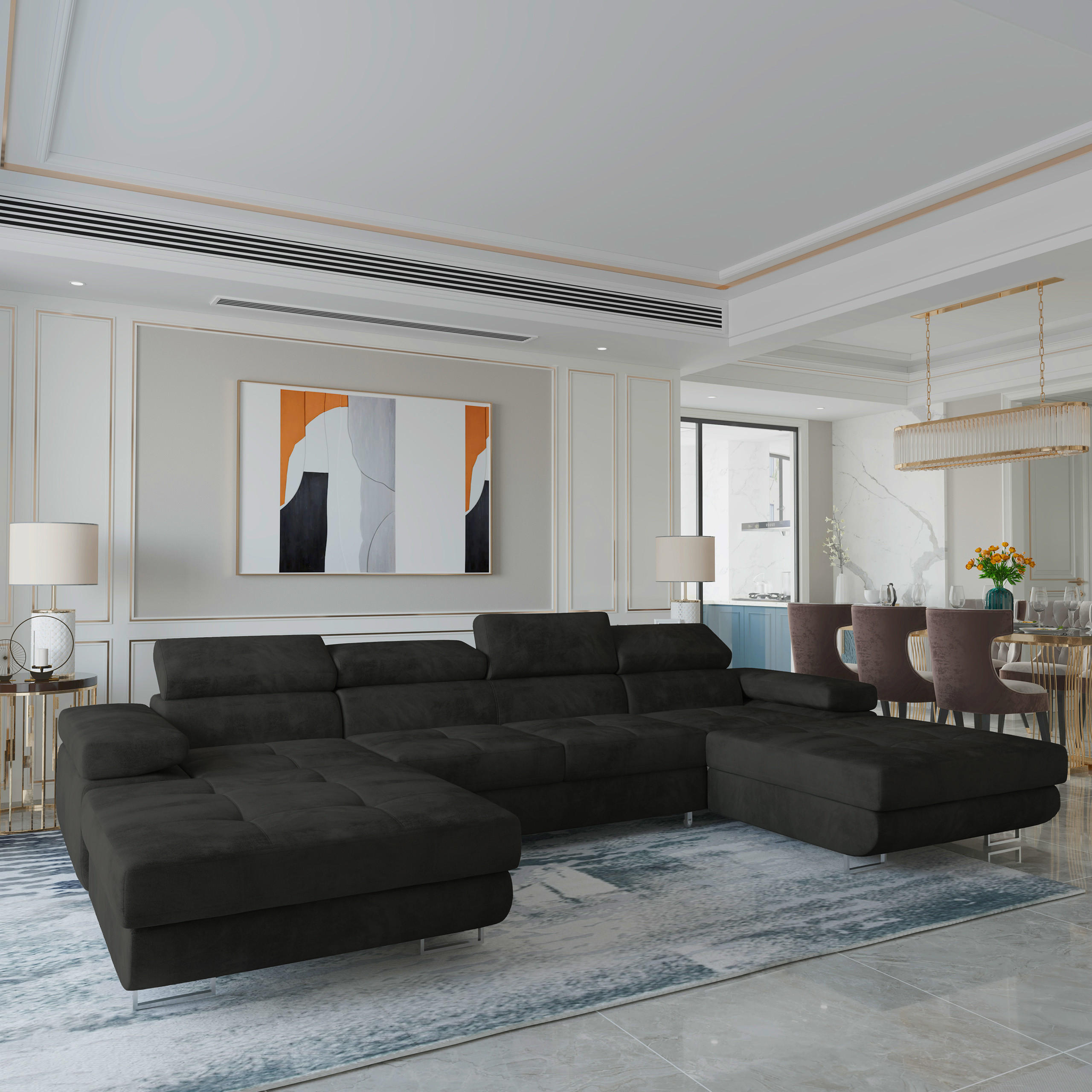 WOHNLANDSCHAFT LYKKE Schwarz Velours-Stoff mit Schlaffunktion - Schwarz, Holz (353/90/202cm) - MASSENO