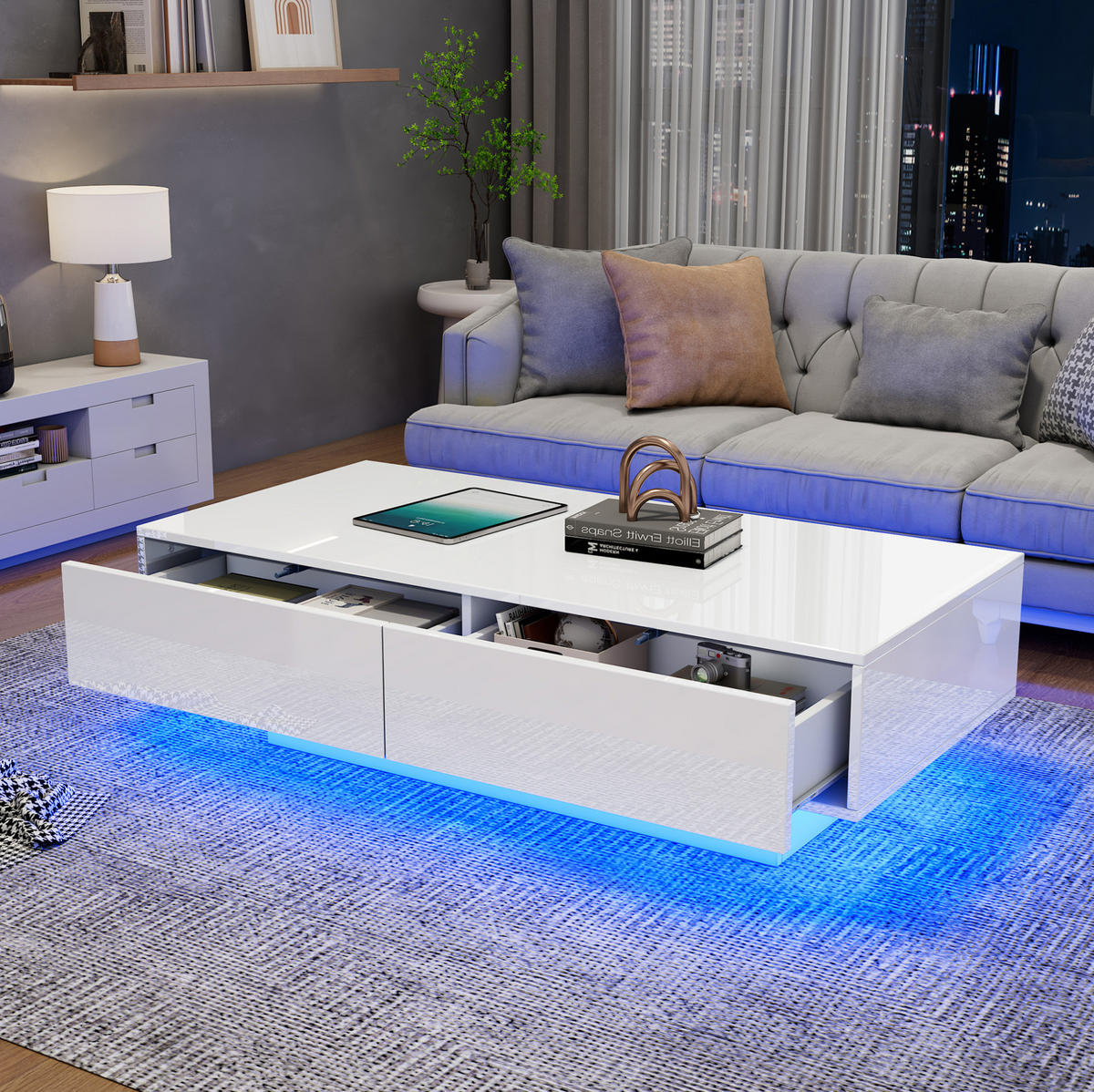 KONFERENČNÝ stolík 115/55/34 cm biely vysoký lesk s LED osvetlením a 2 zásuvkami - biela, kompozitné drevo (115/55/34cm) - Flora Grace