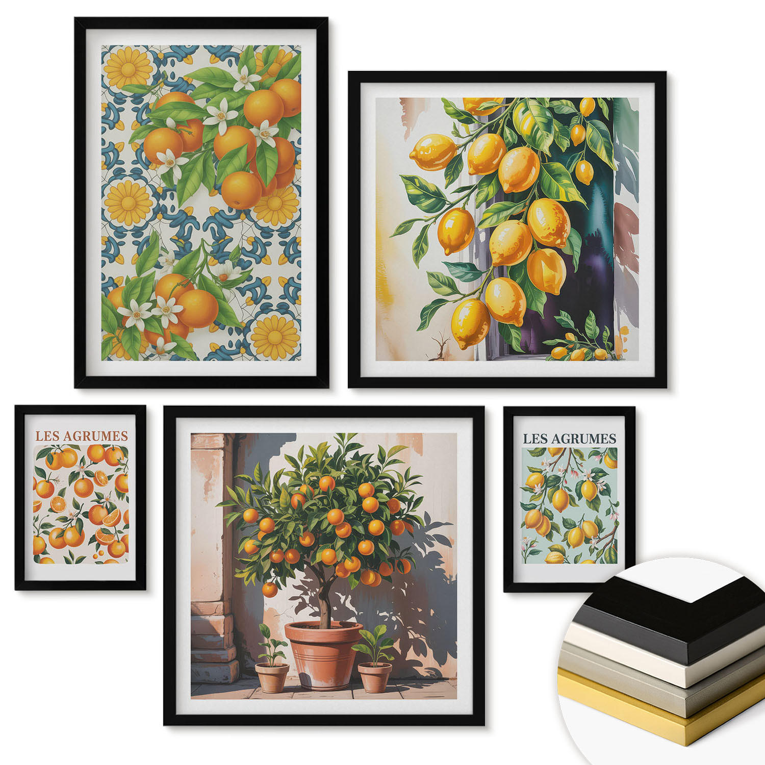 WANDBILDER 5er-Set - 50x50 cm & 20x30 cm & 40x60 cm Schwarzer Rahmen - Retro gelbe Zitrusfrüchte - Schwarz, Kunststoff (40/60cm) - ArtPrintCave