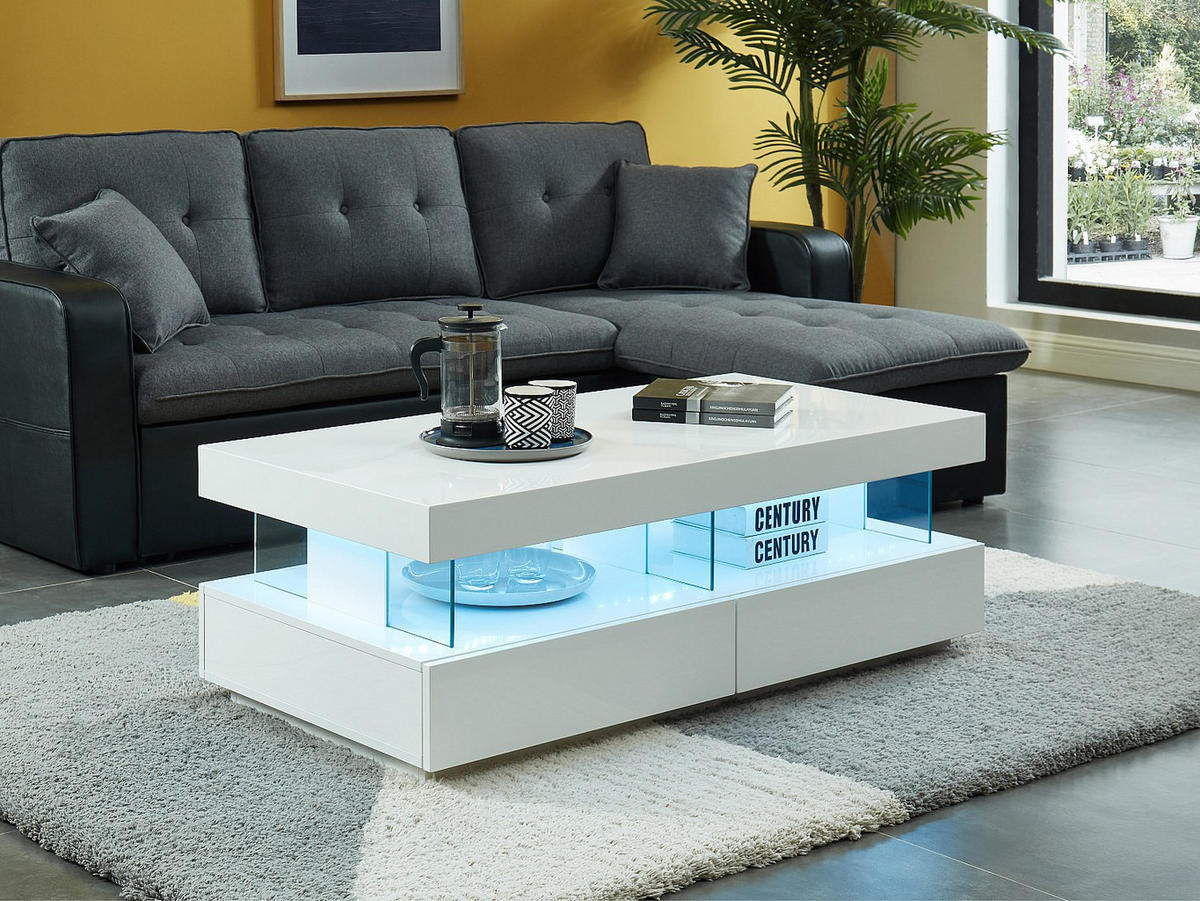 COUCHTISCH mit 2 Schubladen & 2 Ablagen + LEDs - MDF lackiert - Weiß - FABIO - Weiß, Holz (120/60/42cm) - Vente-Unique