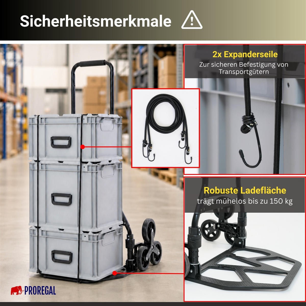 TREPPENSTEIGER Sackkarre Elephant klappbar 112x49x58cm Traglast 150kg AluminiumrahmenTRR Fachgummiräder Silber - Schwarz, Metall (58/49/112cm) - PROREGAL