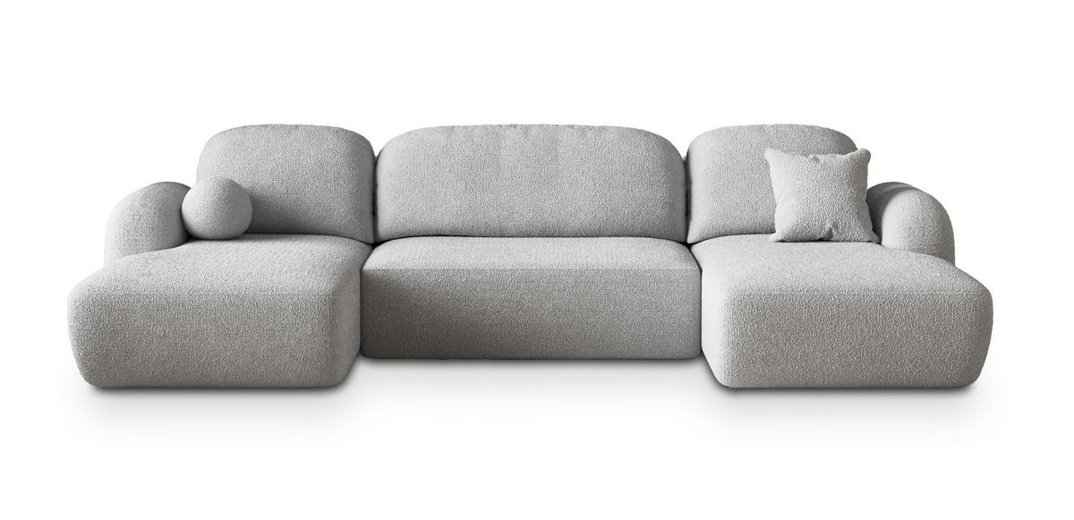 WOHNLANDSCHAFT SAVONA N Hellgrau Boucle-Stoff mit Schlaffunktion - Hellgrau, Holz (320/90/148cm) - MASSENO