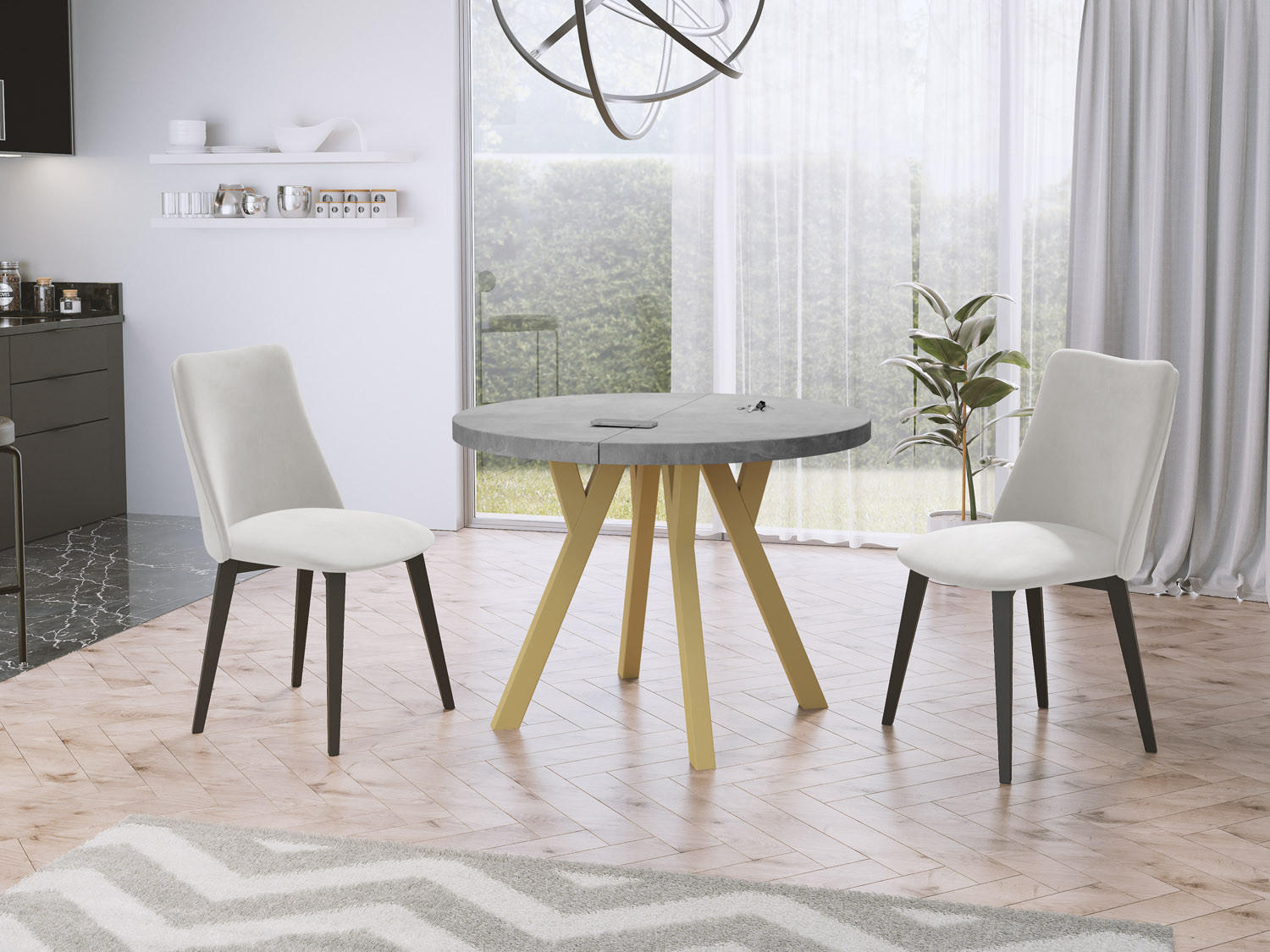 ESSTISCH Mateo runder ausziehbarer, Grauer Beton 100-150/100/76 cm - Goldfarben/Hellgrau, Holz/Holzwerkstoff (100/100/76cm) - WFL GROUP