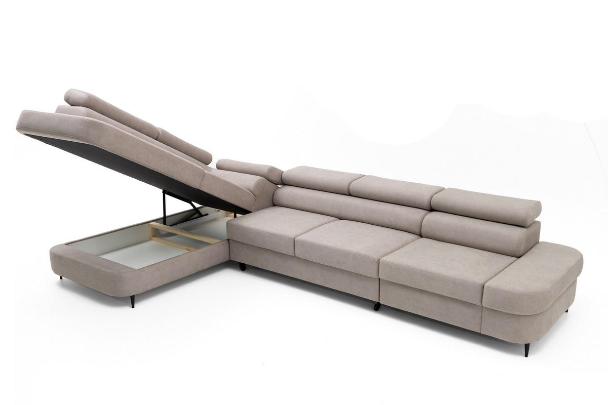 ECKSOFA PRIAM MAXI L-Form mit Schlaffunktion & Bettkasten, 6-Sitzer, 350cm, Verstellbare Kopfstützen Ottomane links - Beige, Holz/Textil (350/203cm) - Muffo