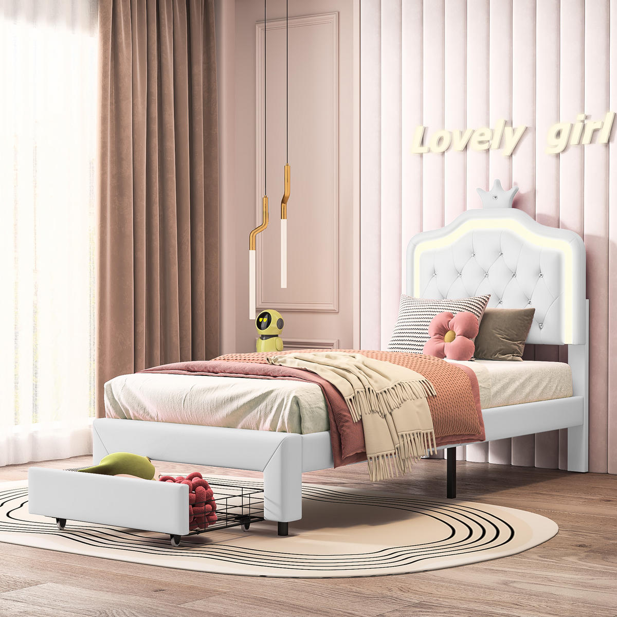 POLSTERBETT 90x200 cm mit LED-Leuchten & Schubladen, Lattenrost und Rückenlehne, Weiß - Weiß, Textil/Metall (90/200cm)