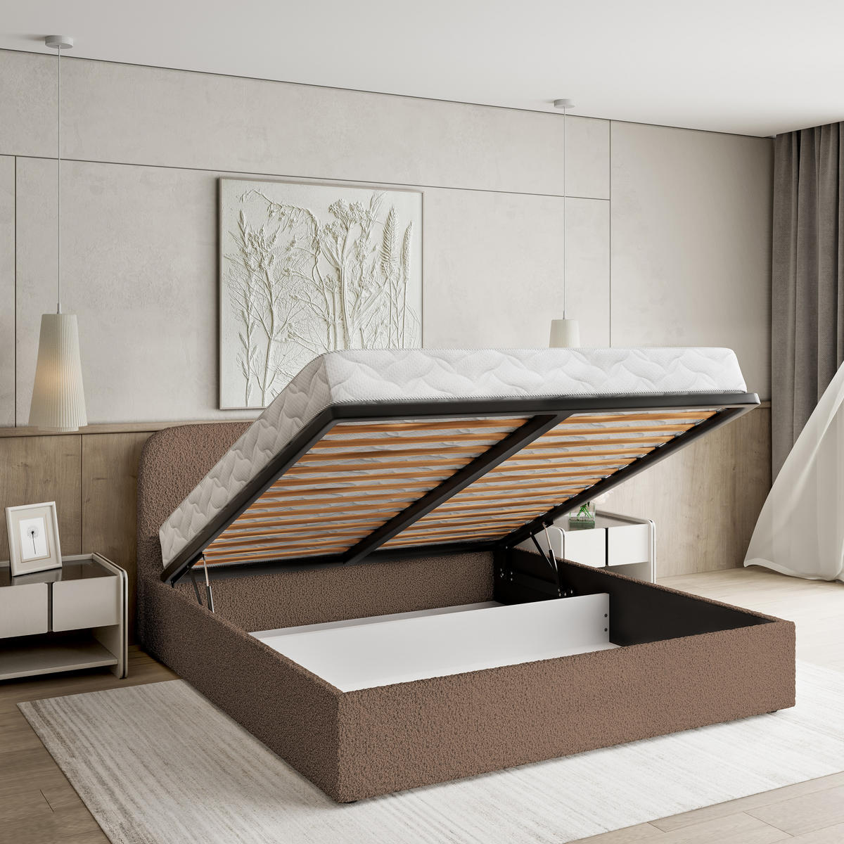 POLSTERBETT RENIVE Q 120x200 cm mit Bettkästen - Braun - Braun, Holz/Textil - MASSENO