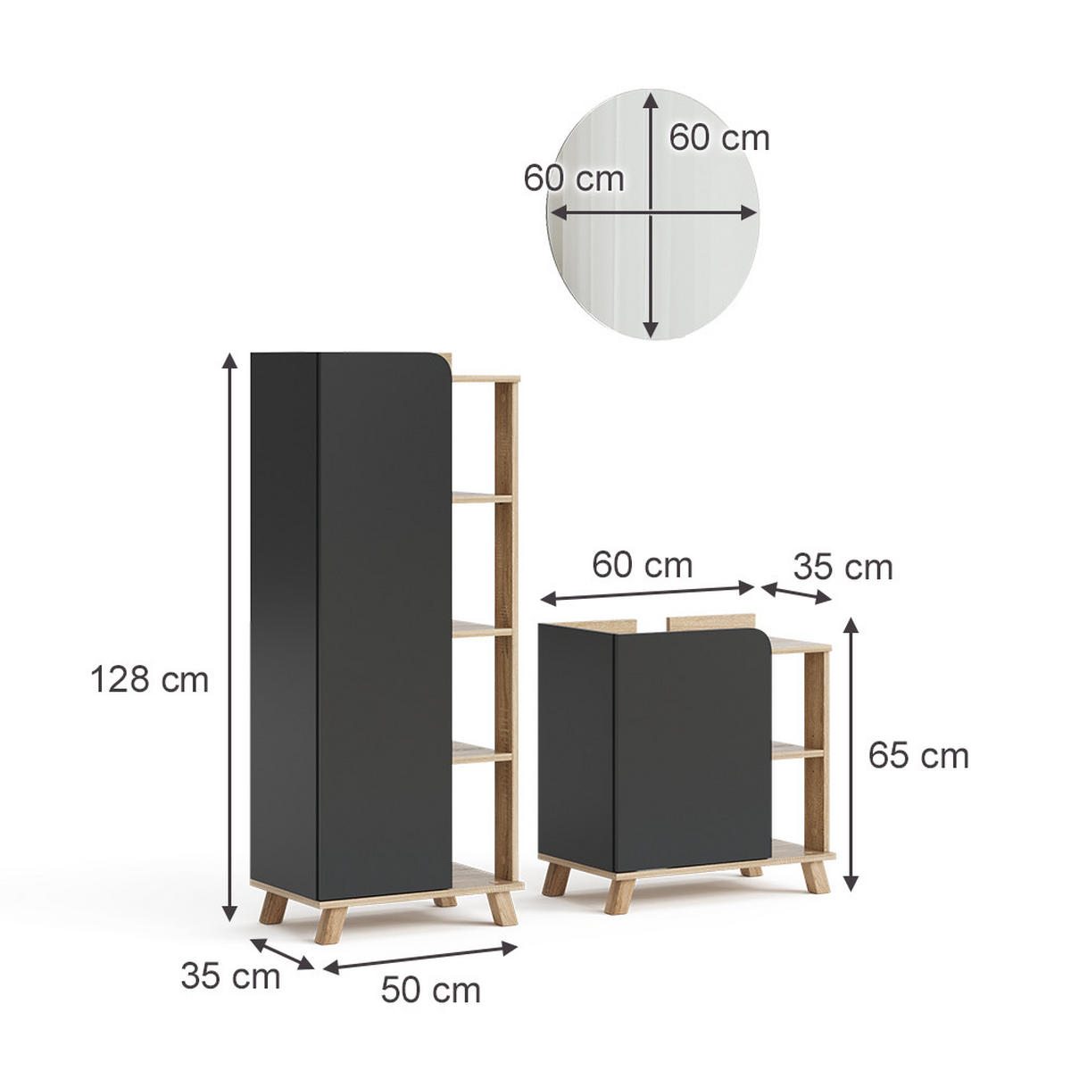 BADMÖBEL-SET Karen Anthrazit 3 Teile - Anthrazit, Holzwerkstoff (60/65/35cm) - Vicco