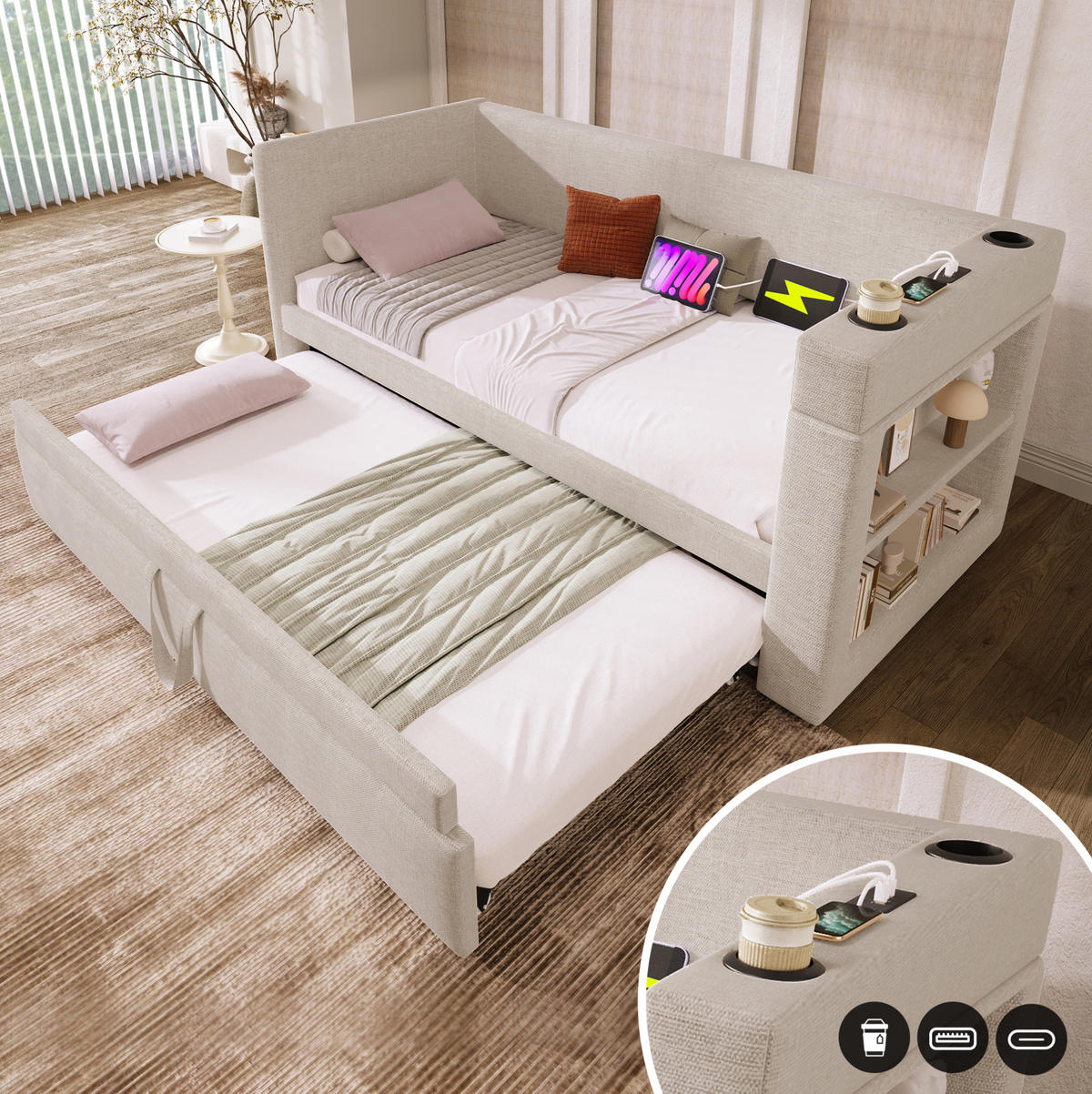 POLSTERBETT 90/190 cm mit Ausziehbett, USB-C und Getränkehaltern - Beige, Textil (90/190cm) - BEAOK