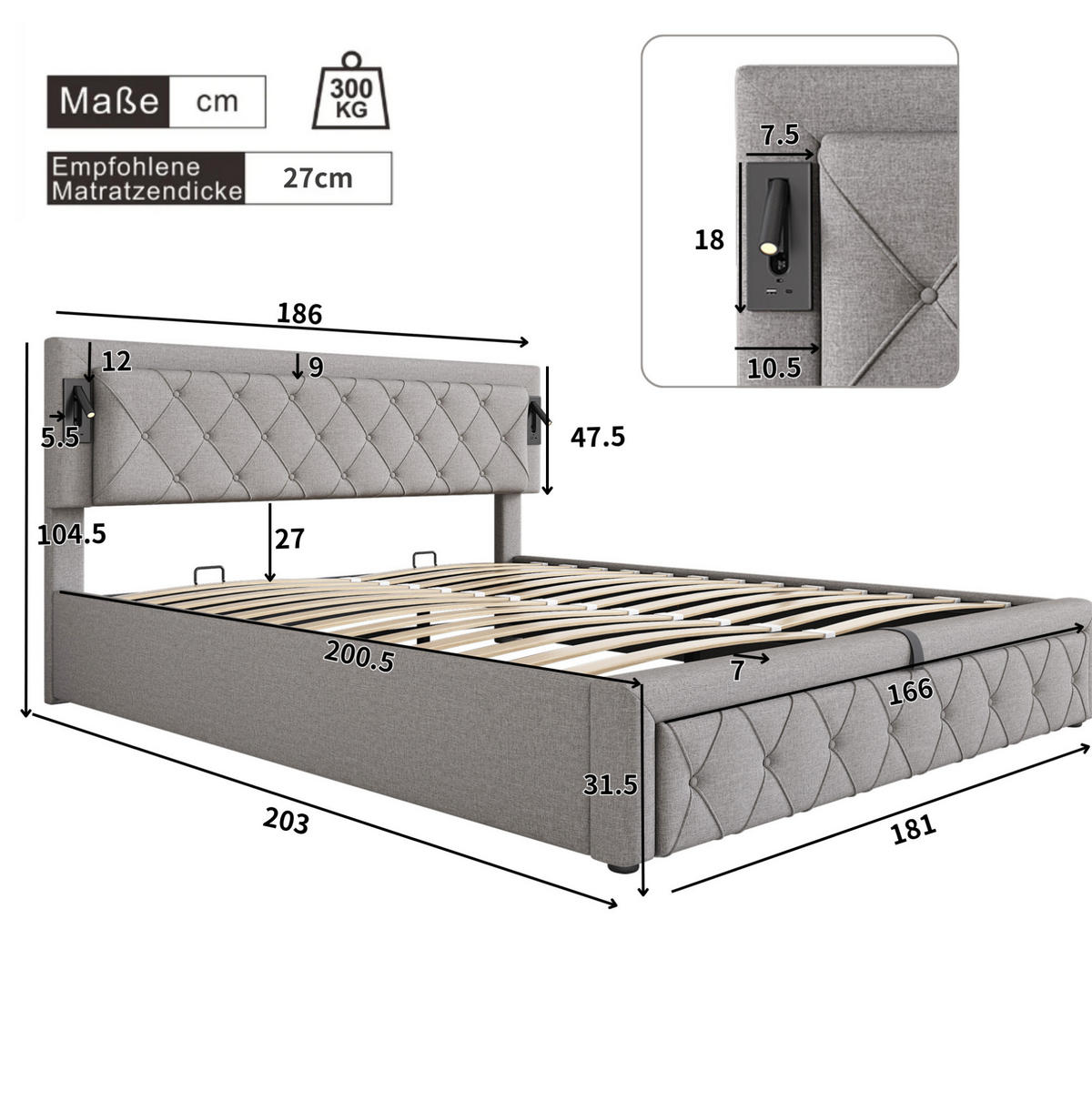 BETT mit Stauraum, USB und Downlight Leinen Grau - Grau, Metall (180/200cm) - Meubliv