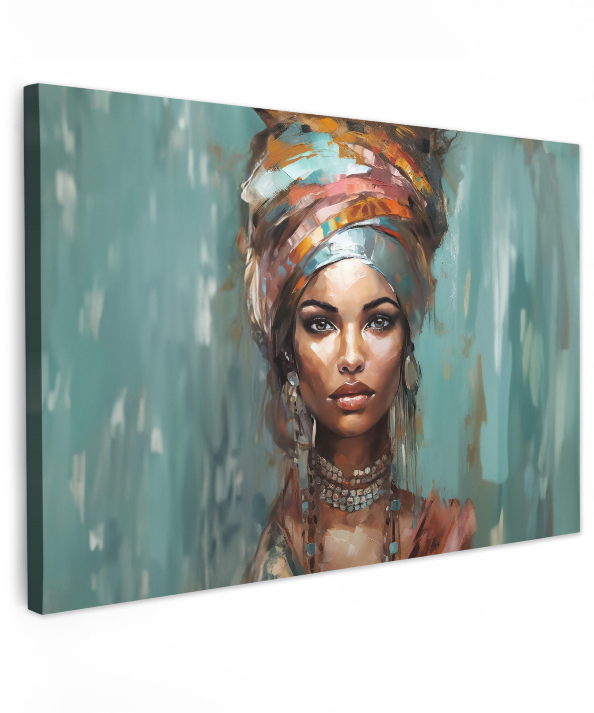 LEINWANDBILD Frau - Kunst - Schmuck - Porträt Wohnzimmer 120x80 cm - Blaugrau, Textil (120/80cm) - MuchoWow