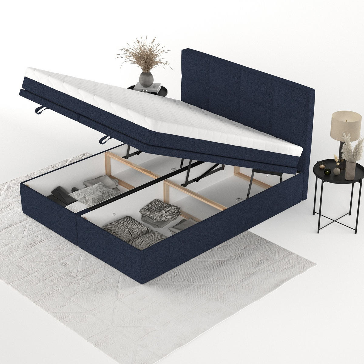 BOXBETT Tessa 140/200 cm Marineblau im Riva Stoff - Schwarz/Dunkelblau, Holz/Holzwerkstoff (140/200cm) - AltaBeds