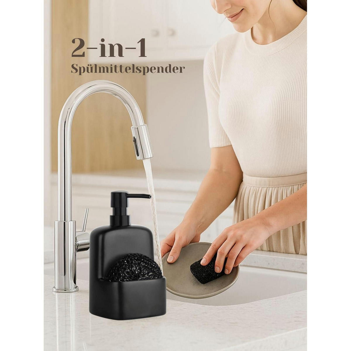 SEIFENSPENDER mit Schwammhalter Keramik Matt Schwarz 600ml - Schwarz, Keramik (10.5/20/9.5cm)