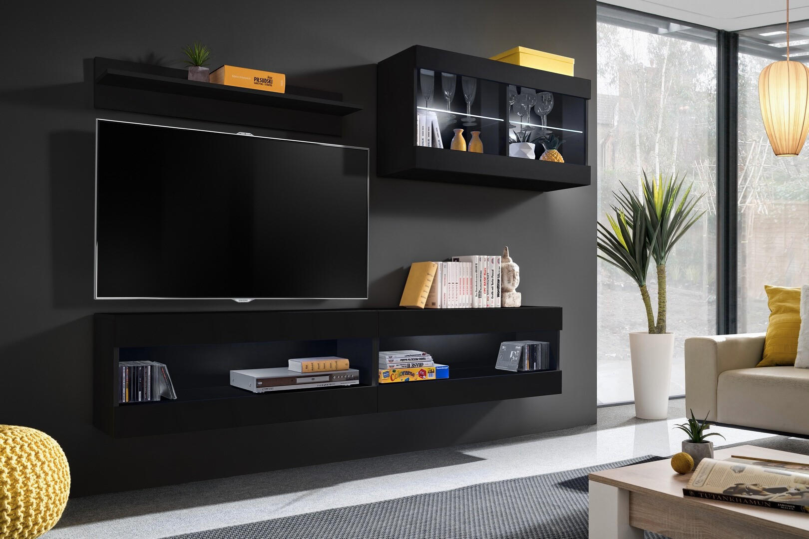 WOHNWAND 4-er Set, TIVOLI SET6 Schwarz + Schwarz, Offener Raum - Schwarz, Glas/Holzwerkstoff (240/195/35cm) - Komodee