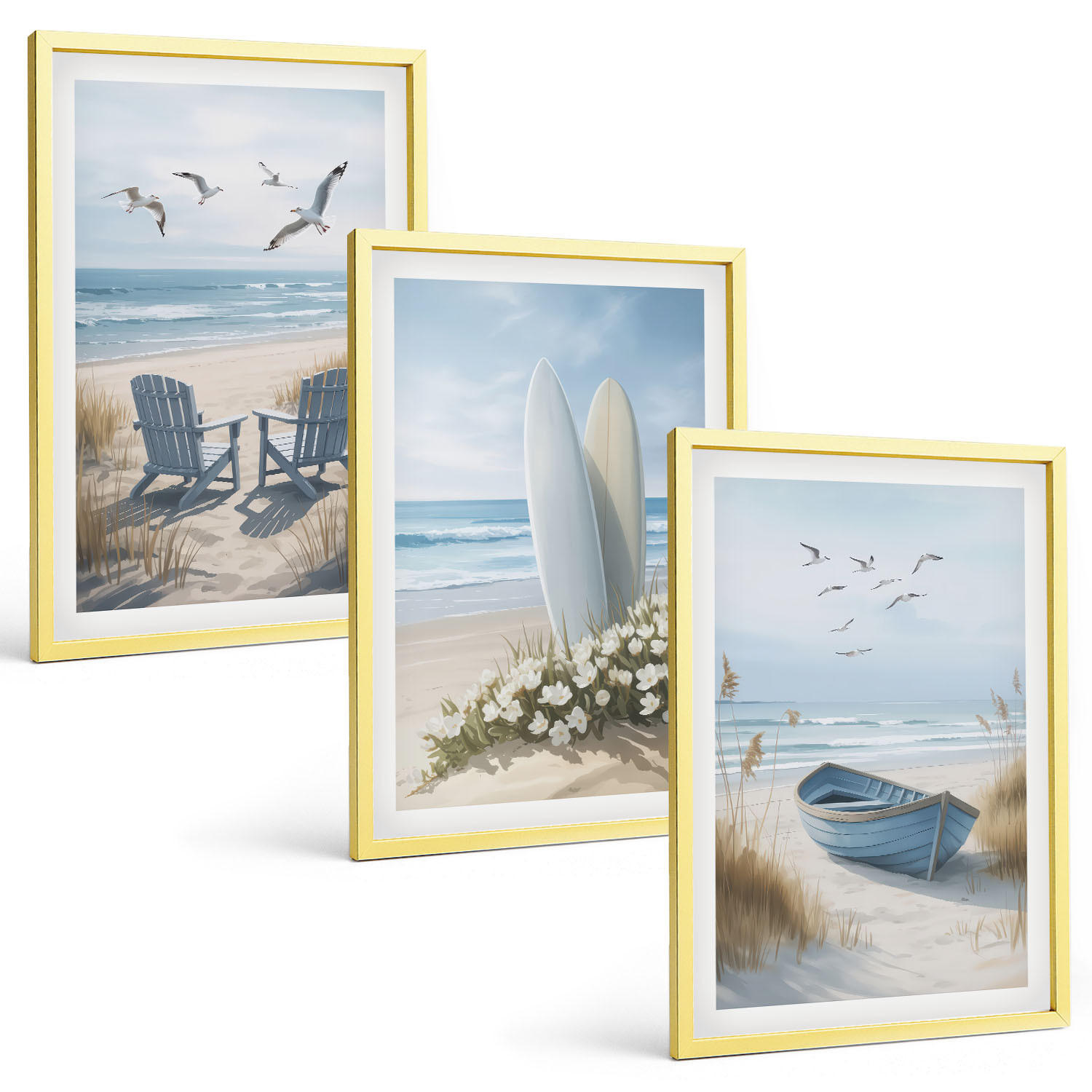 BILDER SET 3er Set - 40x60 cm Goldrahmen - Strand Surfbretter Vögel - Goldfarben, Kunststoff (40/60cm) - TULUP