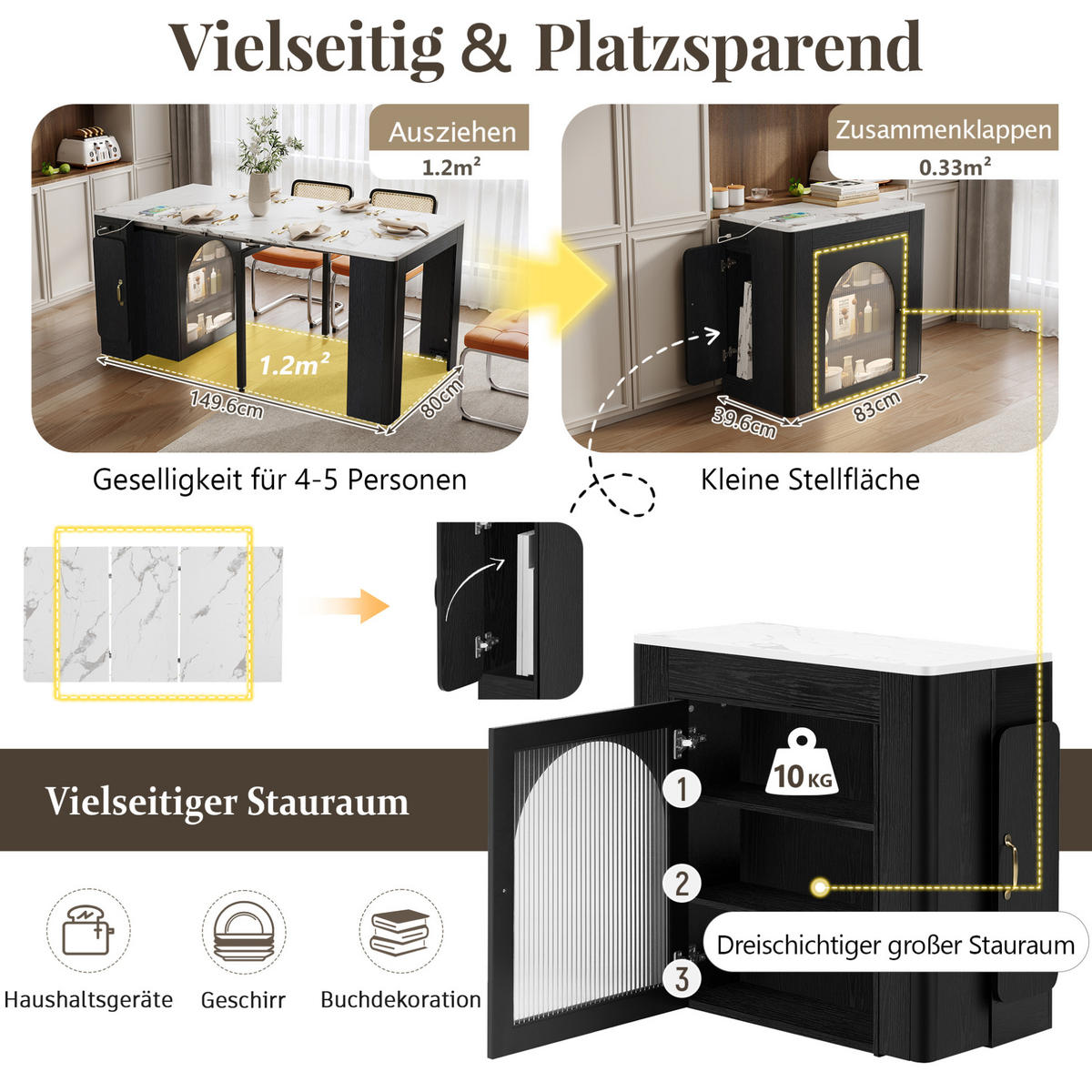 KÜCHENINSEL 83/39,6-149,6/77 cm in Weiß/Schwarz mit LED und USB- und Type-C-Anschlüssen - Schwarz, Holzwerkstoff (83/77/39.6cm) - Flora Grace
