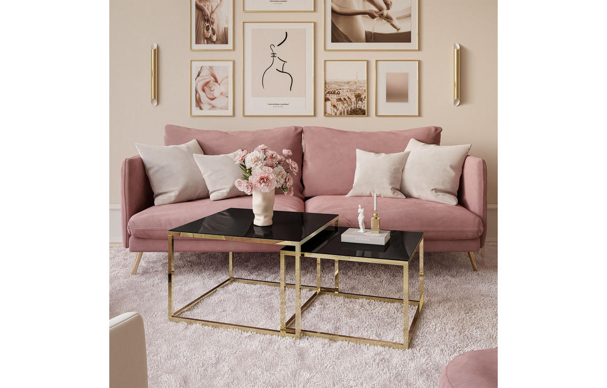 COUCHTISCH YOSHI 2in1 70/70/41 cm Gold chrom / Schwarzes Glas - Schwarz, Glas/Metall (70/70/41cm) - Lookway