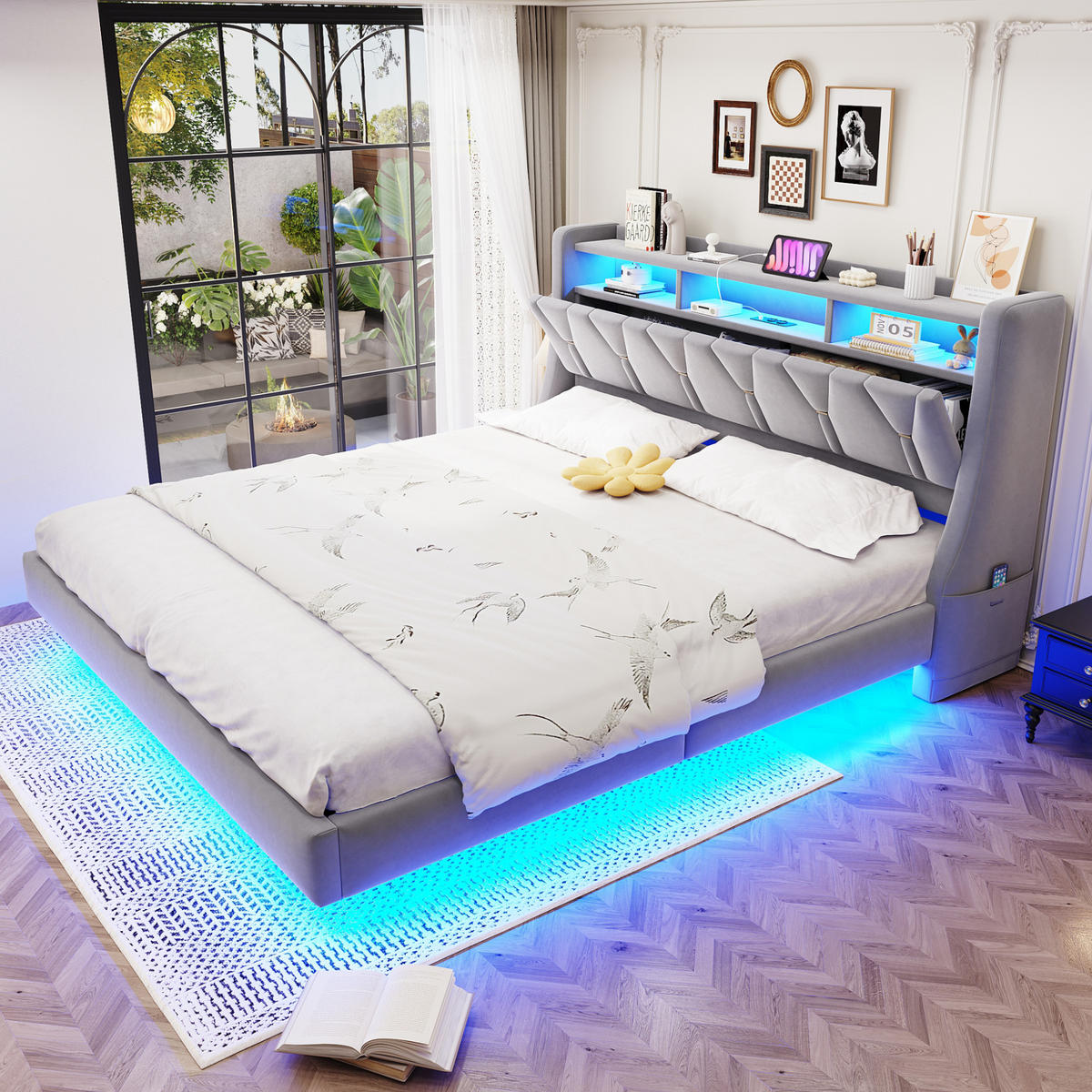 POLSTERBETT 180/200 cm mit LED, USB-/Typ-C-Anschluss, Stauraum-Kopfteil und Samtbezug, Hellgrau - Grau, Textil (180/200cm) - Redom