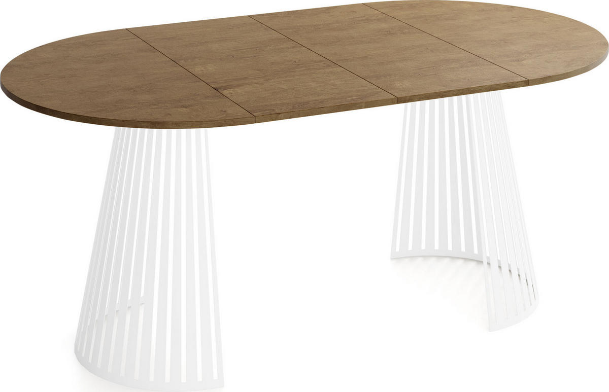 ESSTISCH Naro rund ausziehbar mit Weißem Lamellen-Metallgestell, Braun 100-180/100/76 cm - Alteiche/Weiß, Holzwerkstoff/Metall (100/100/76cm) - WFL GROUP