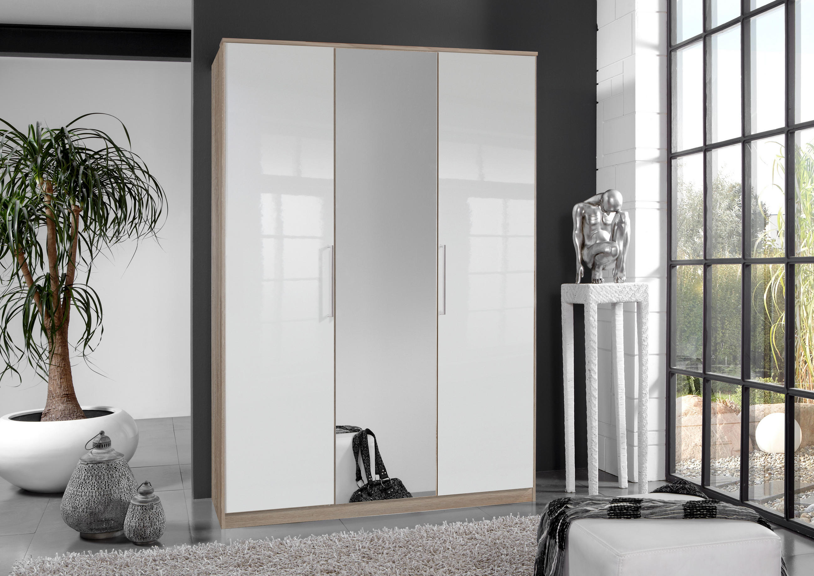 KLEIDERSCHRANK Greven in Hochglanz Lack Weiß mit Eiche Sägerau 135x199x58 cm (BxHxT) – Drehtürenschrank 3-türig mit Spiegeltür - Weiß/Braun, Holzwerkstoff (120/200/80cm)