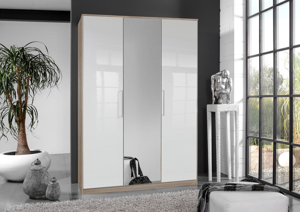 KLEIDERSCHRANK Greven in Hochglanz Lack Weiß mit Eiche Sägerau 135x199x58 cm (BxHxT) – Drehtürenschrank 3-türig mit Spiegeltür - Weiß/Braun, Holzwerkstoff (120/200/80cm)