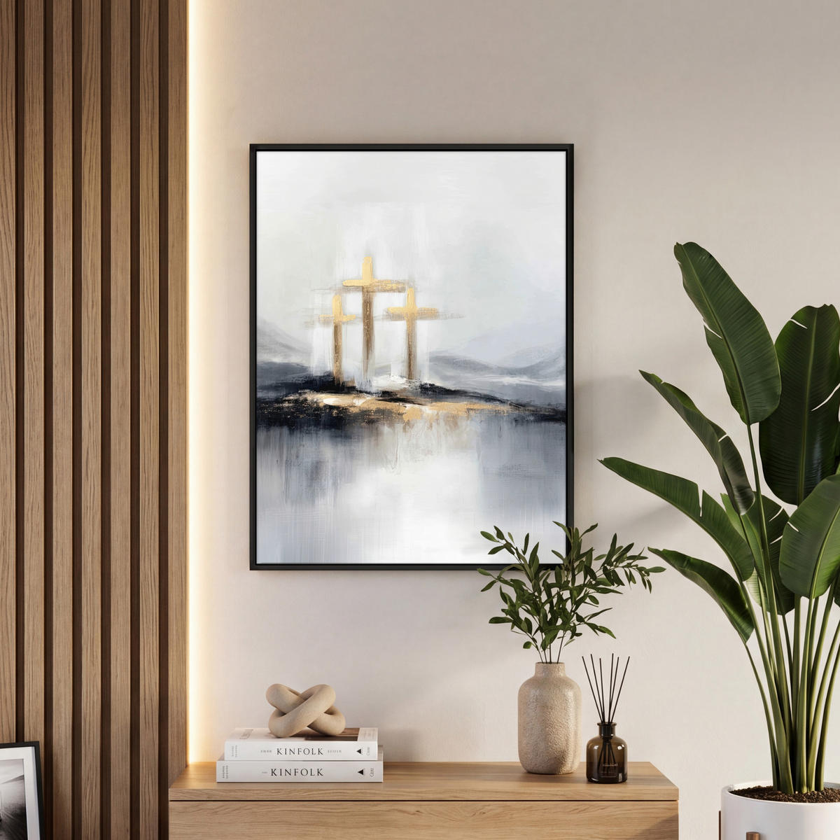 LEINWAND Bilder mit Rahmen - Abstrakt - Malerei - Christentum - Kreuz - 60x80 - Weiß, Textil (60/80cm) - MuchoWow