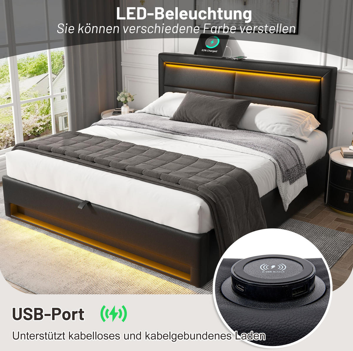 POLSTERBETT 140/200 cm mit USB-Ladefunktion, LED-Beleuchtung und Bettkasten, PU in Litschi-Optik, Schwarz - Schwarz, Kunststoff (140/200cm) - Redom