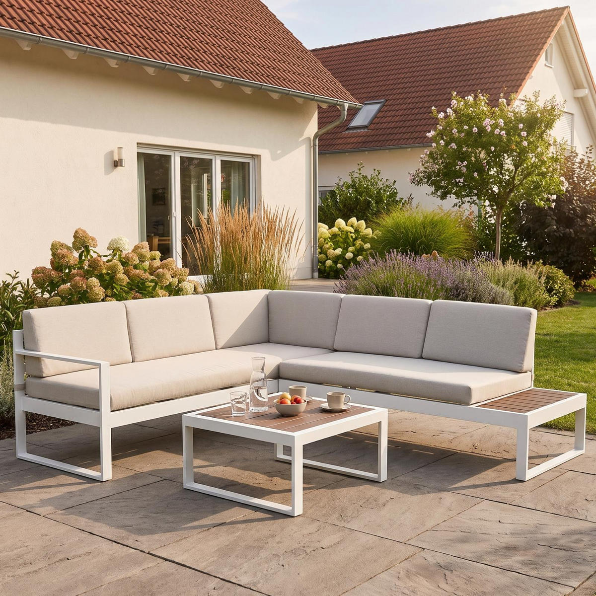 LOUNGE-SET Lima Weiß 5-Sitzer Aluminium mit Couchtisch in Holzoptik - Weiß, Kunststoff - bellavista - Home & Garden