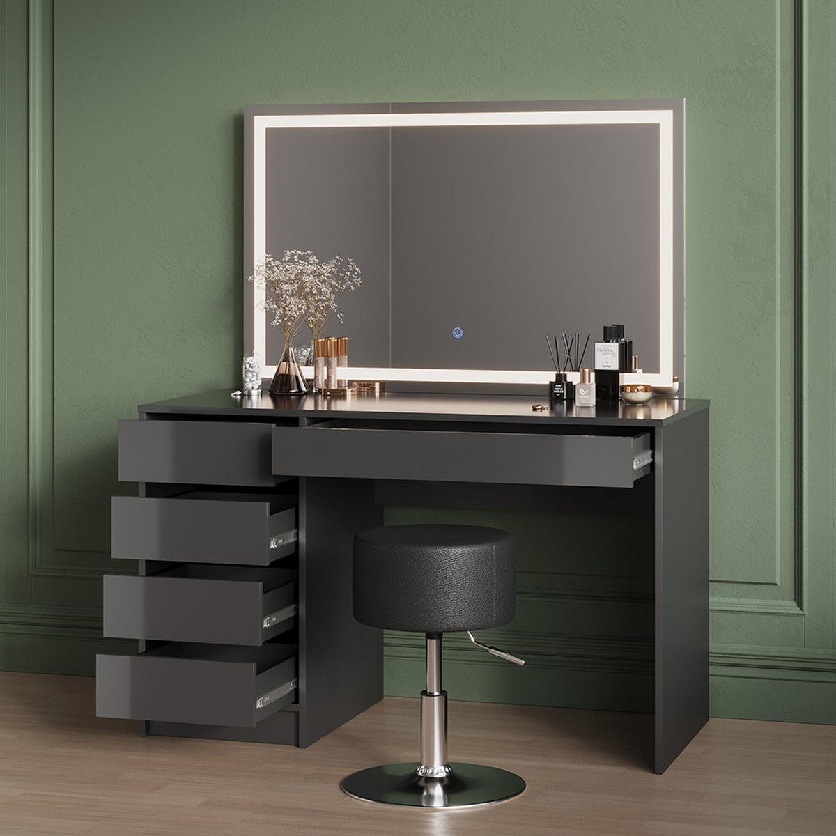 SCHMINKTISCH Imola Anthrazit mit LED-Spiegel und Hocker - Anthrazit, Holzwerkstoff (120/75/55cm) - Livinity®