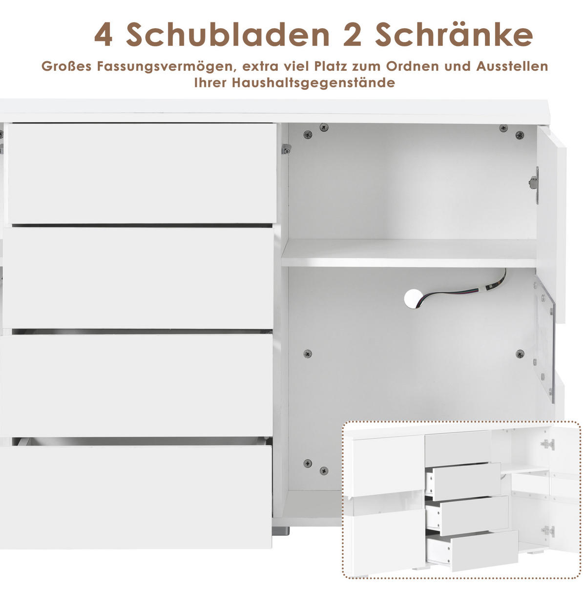 SIDEBOARD 140/35/72 cm aus MDF mit LED-Beleuchtung und 4 Schubladen Weiß - Weiß, Holzwerkstoff (145/72/35cm) - Modenvie
