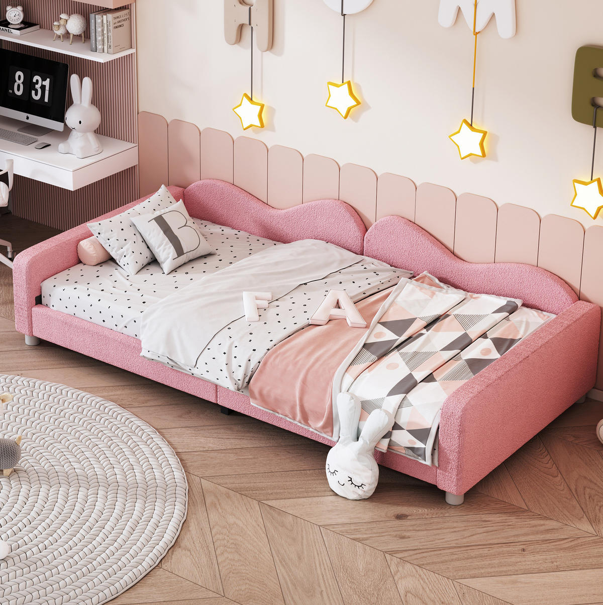 KINDERBETT 90/200 cm Rosa aus Teddystoff mit Rückenlehne und Armlehnen - Rosa, Textil (90/200cm) - Flora Grace
