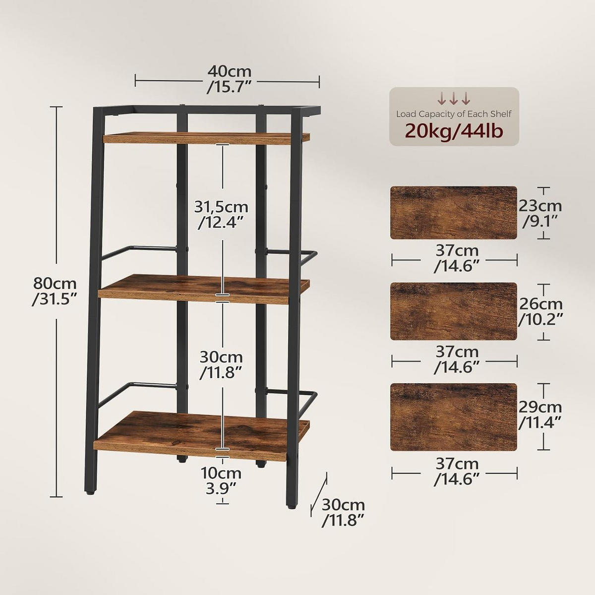 REGAL 3 Ebenen Vintagebraun und Schwarz 40 x 30 x 80 cm - Braun, Holzwerkstoff (30/80/40cm)