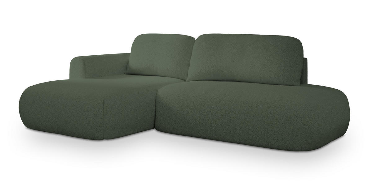 ECKSOFA NUVIRA L-S Grün Boucle-Stoff mit Schlaffunktion - Grün, Holz (274/165cm) - MASSENO