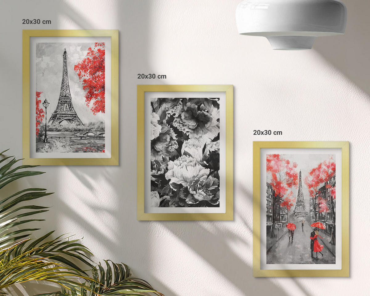 WANDBILDER 3er Set - 20x30 cm Goldrahmen - graue Gemälde des Eiffelturms - Goldfarben, Kunststoff (20/30cm) - ArtPrintCave