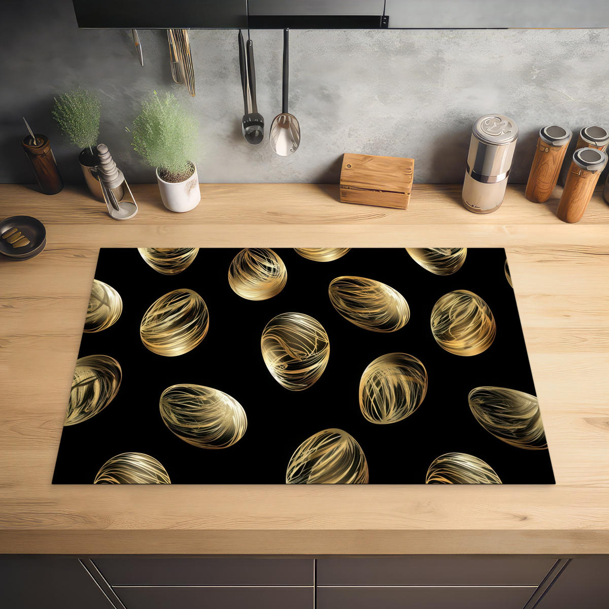 HERDABDECKPLATTE Eier - Gold - Muster Ceranfeldabdeckung 76x51.5 cm - Schwarz, Kunststoff (76/51.5/0.2cm) - MuchoWow