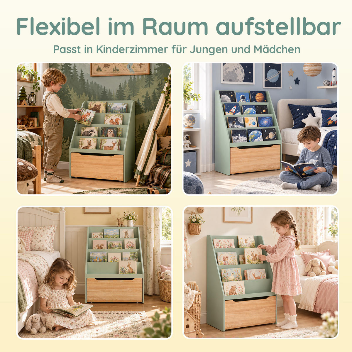 BILDERBUCHREGAL für Kinder, Grün, 4 offene Fächer und große Schublade, auf 4 Rollen, 80 cm hoch, für Kinderzimmer, Leseecke und Kindergarten - Naturfarben/Grün, Holz/Holzwerkstoff (62/80/30cm) - SoBuy