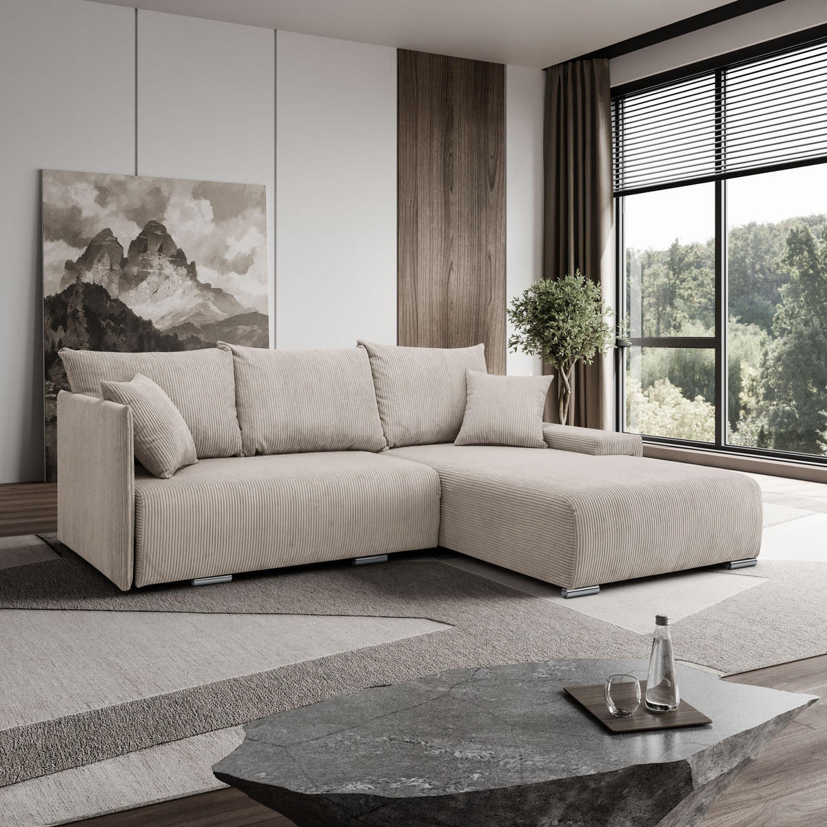 ECKSOFA L-Form Schlaffunktion Livorno Cord-Stoff Beige Rechts - Chromfarben/Beige, Holz/Kunststoff (246/188cm) - Kaiser Möbel
