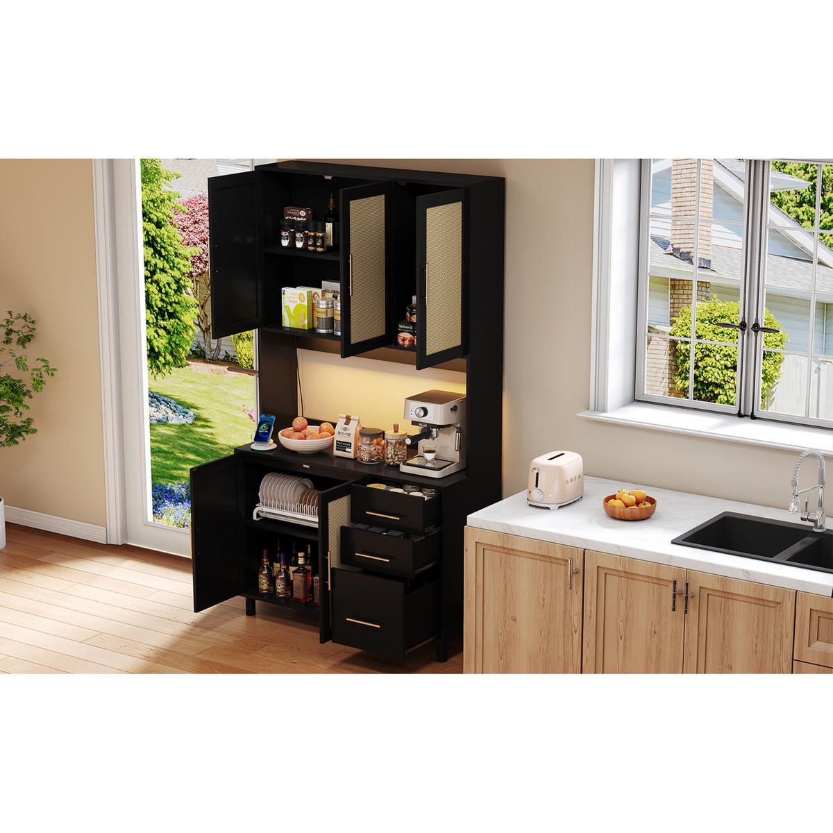 KÜCHENANRICHTE 100x40x183 cm, 3 Schubladen, 2 Steckdosen, 2 USB-Anschlüsse, LED-Beleuchtung, verstellbare Einlegeböden, Rattan, Goldgriffe, Schwarz - Schwarz, Holzwerkstoff (100/183/40cm) - FOHERE