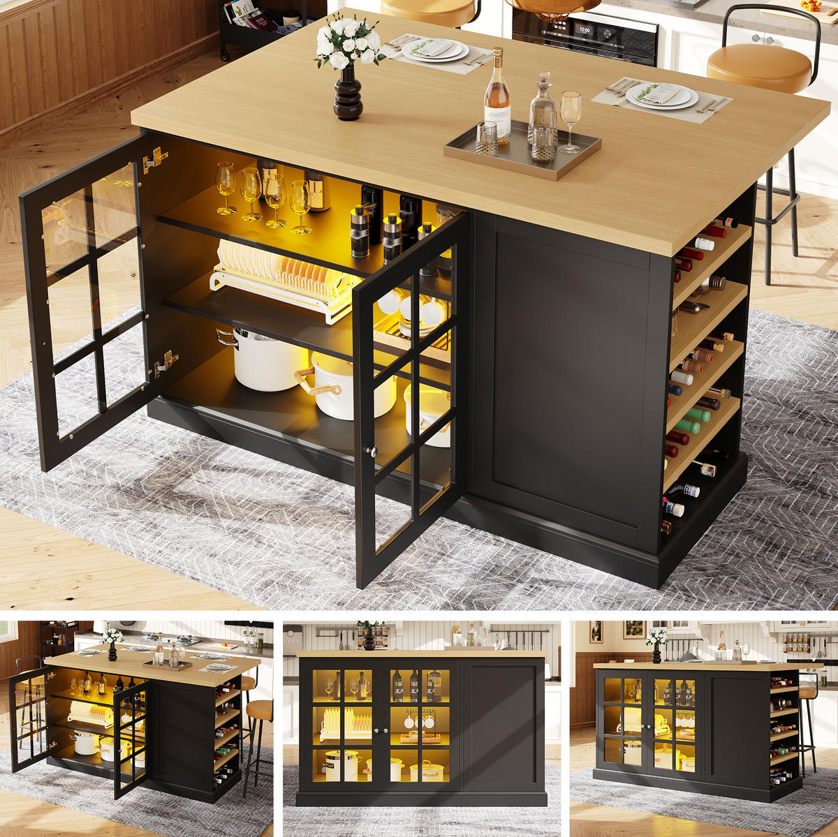 KÜCHENINSEL klappbar mit LED 120 x 40-70 x 90 cm Schwarz - Schwarz, Holz (70/90/120cm) - Beauniv
