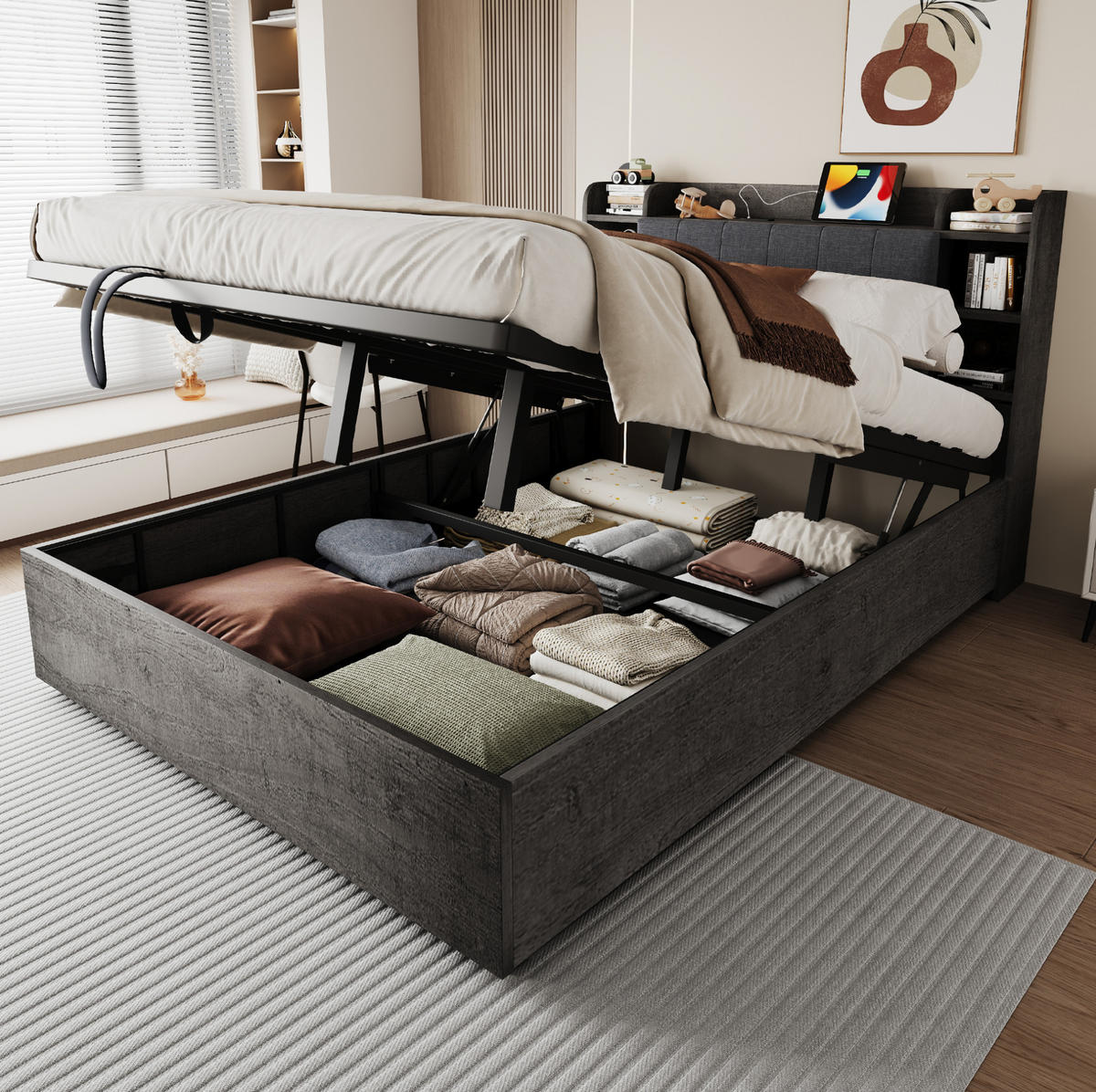 POSTEĽ 180/200 cm sivá z MDF s hydraulickým úložným priestorom a čelom s USB a USB-C - sivá, kompozitné drevo (180/200cm) - OKWISH