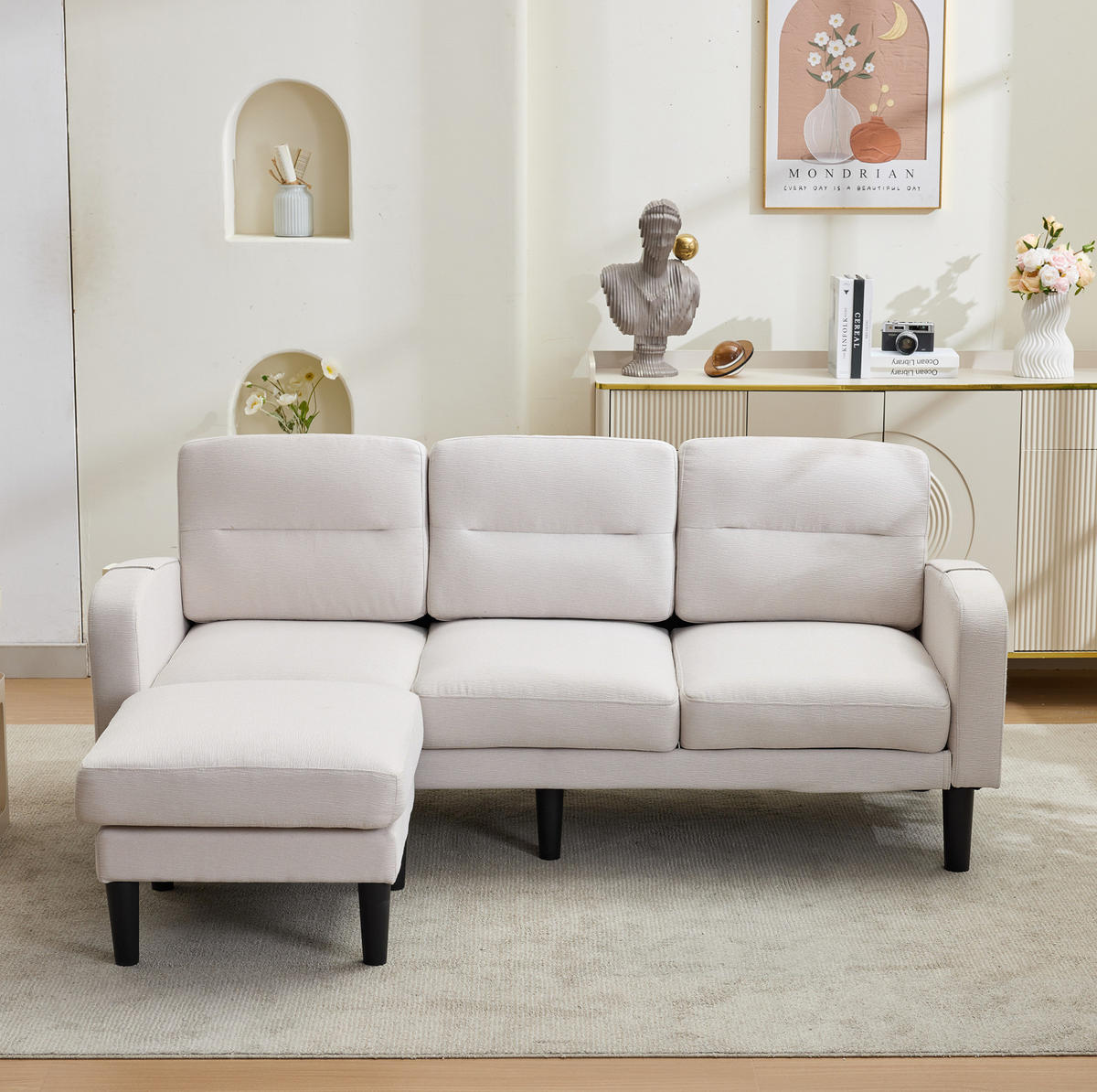 ECKSOFA 204/136/80 cm aus Stoff mit Chaiselongue und Seitentaschen Beige - Beige, Textil (136/204cm) - Modenvie