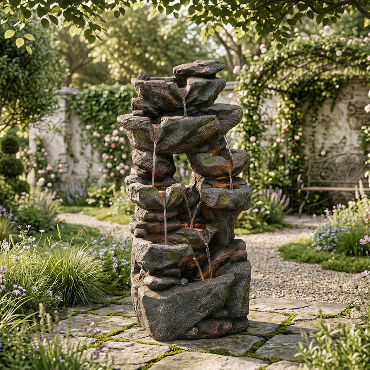 GARTENBRUNNEN mit LED-Beleuchtung & Wasserpumpe, grau - Grau, Holzwerkstoff (46/36/90cm) - Kaket