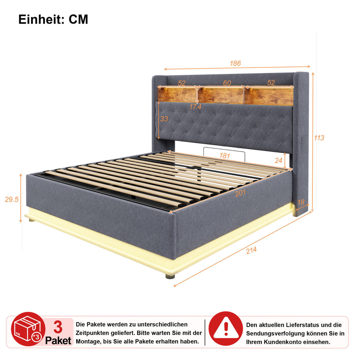 POLSTERBETT 180/200 cm in Grau Leinen mit Stauraum, LED und USB - Grau, Holzwerkstoff/Textil (180/200cm) - WISHDOR