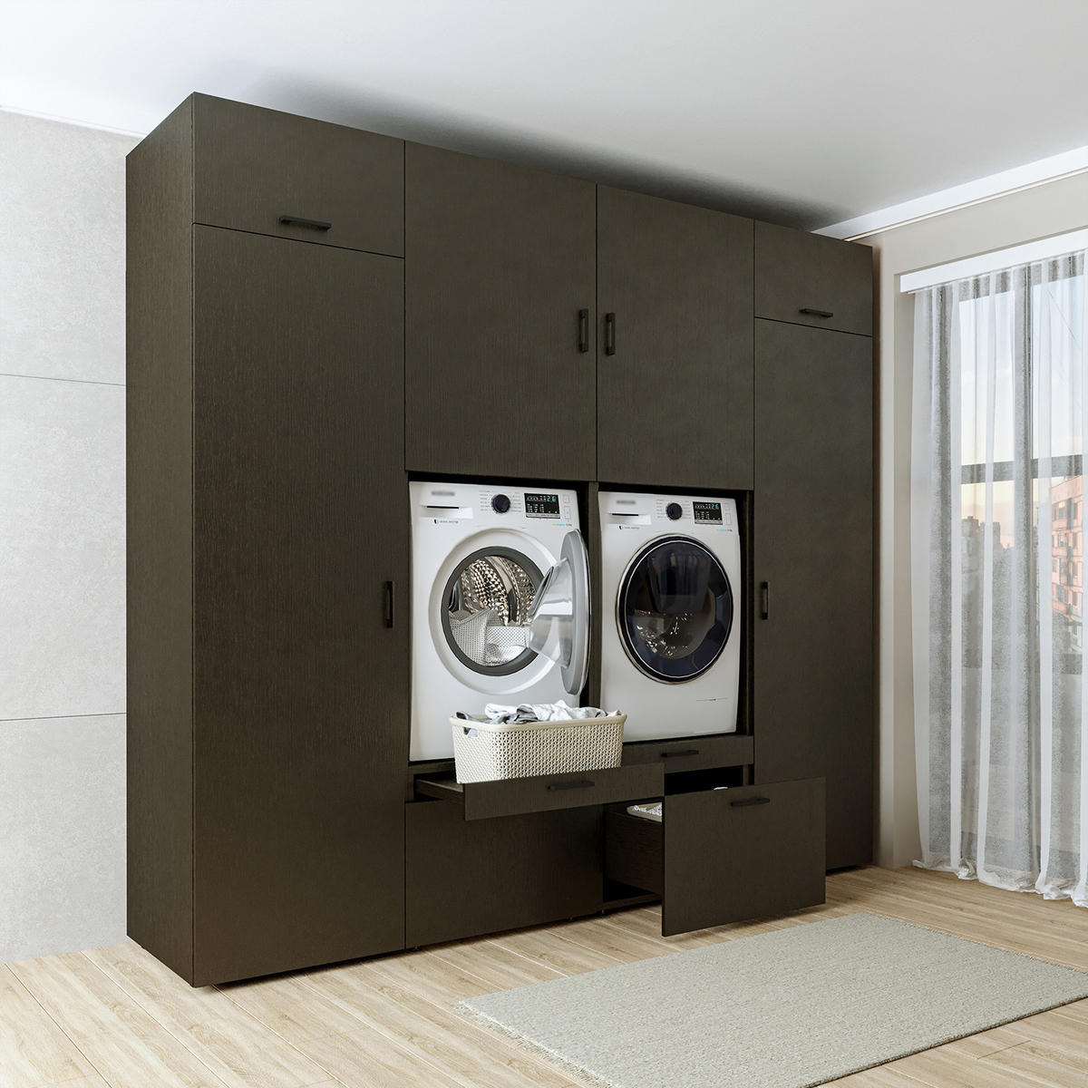 WASCHMASCHINENSCHRANK Serie 2 254cm Breit, 240cm Hoch - Schwarz, Holzwerkstoff (254/240/67cm)