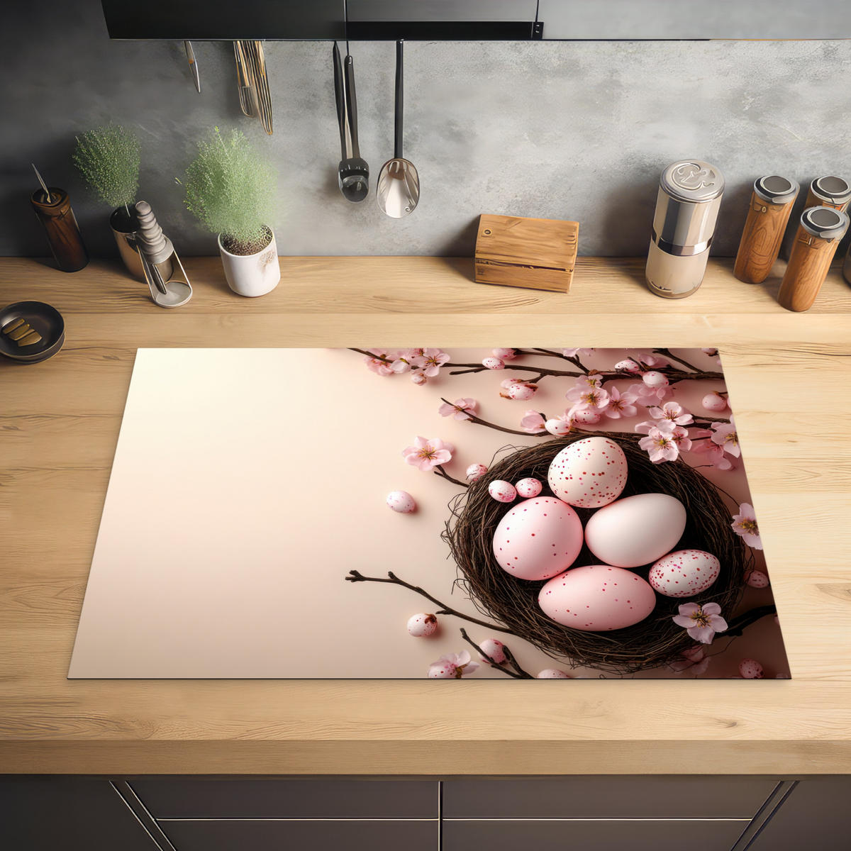 HERDABDECKPLATTE Rosa - Blüten - Eier Ceranfeldabdeckung 80x52 cm - Hellrosa, Kunststoff (80/52/0.2cm) - MuchoWow